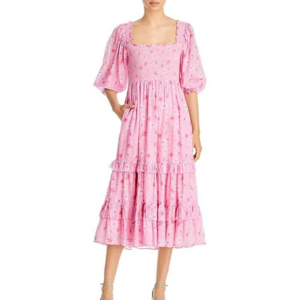 LoveShackFancy Miri floral cotton pink midi dress size large
